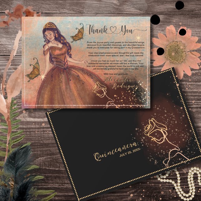 Cartão De Agradecimento Elegante Rosa de Cobre Quinceañera Obrigado (Elegant Vintage Copper Rose Quinceañera Invitation)