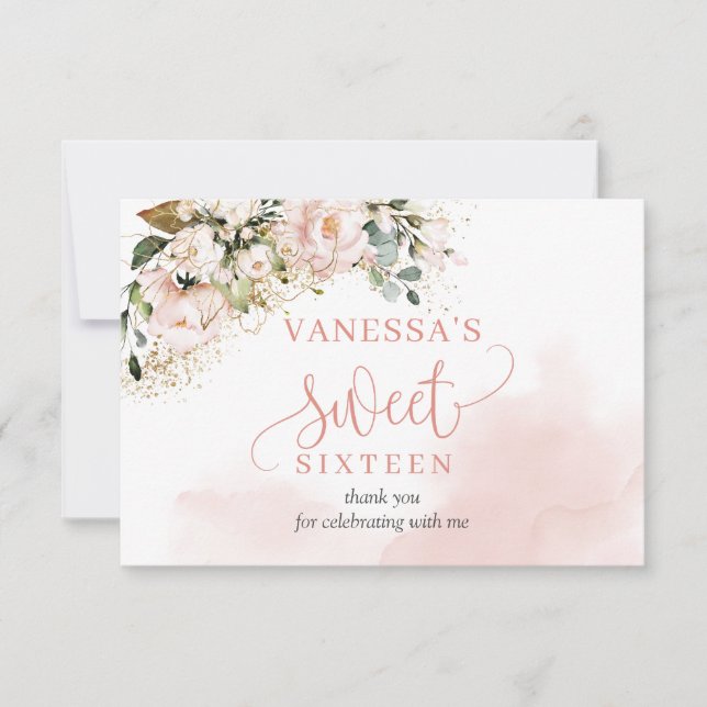 Cartão De Agradecimento Elegante rosa dourado - Festa de aniversário flora (Frente)