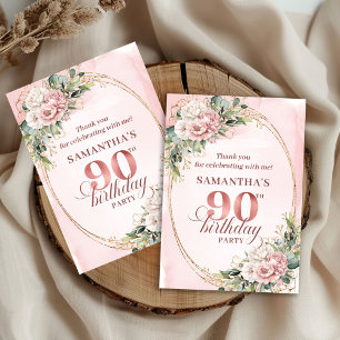 Cartão De Agradecimento Elegante Rosa Dourado Floral Eucalipto 90º Anivers