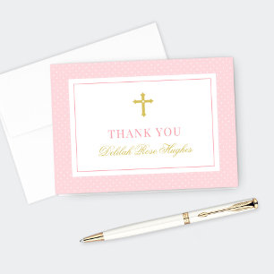 Cartão De Agradecimento Elegante, Rosa e Dourada, Primeira Comunhão