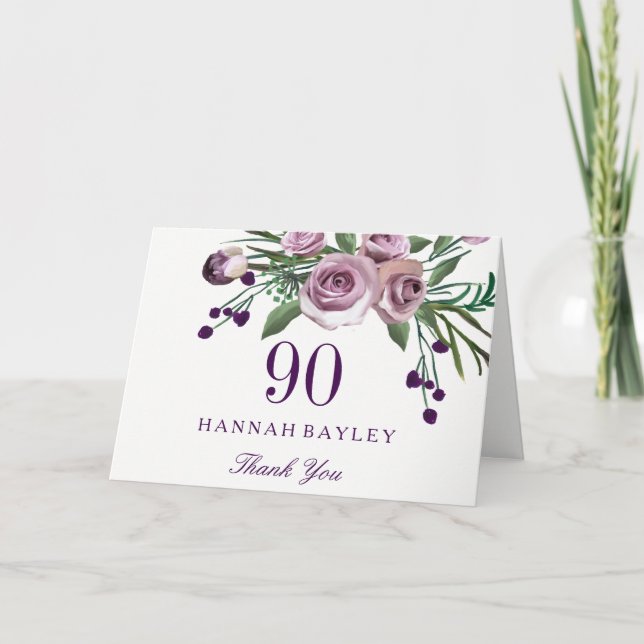 Cartão De Agradecimento Elegante Rosa Floral 90 Roxo Aniversário Obrigado (Frente)