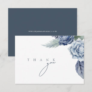 Cartão De Agradecimento Elegante Rosa Floral Casamento Obrigado Azul Real