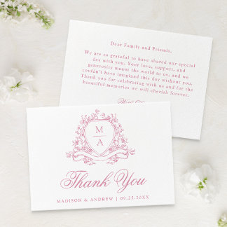 Cartão De Agradecimento Elegante Rosa Floral Crista Monograma Casamento