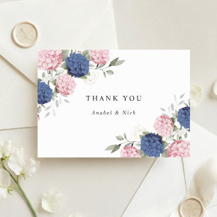 Cartão De Agradecimento Elegante Rosa Floral e Hortênsia Azul-Marinho