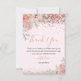 Cartão De Agradecimento Elegante Rosa Floral Glitter Aniversário