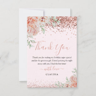 Cartão De Agradecimento Elegante Rosa Floral Glitter Aniversário