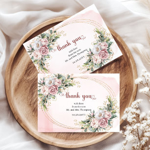 Cartão De Agradecimento Elegante Rosa Ouro Floral Verde Casamento Obrigado