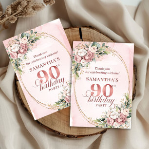Cartão De Agradecimento Elegante Rosa Poeira Dourada Floral 90º Aniversári