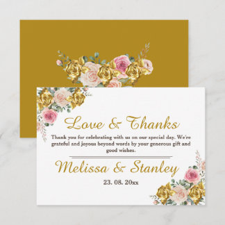 Cartão De Agradecimento Elegante Rosa, Rosa Dourado Casamento Floral Eucal