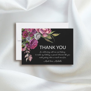 Cartão De Agradecimento Elegante Rosa Roxo Floral Preto Aniversário 