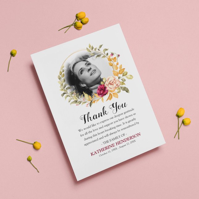Cartão De Agradecimento Elegante Rosa Wreath Photo Sympathorial (Criador carregado)