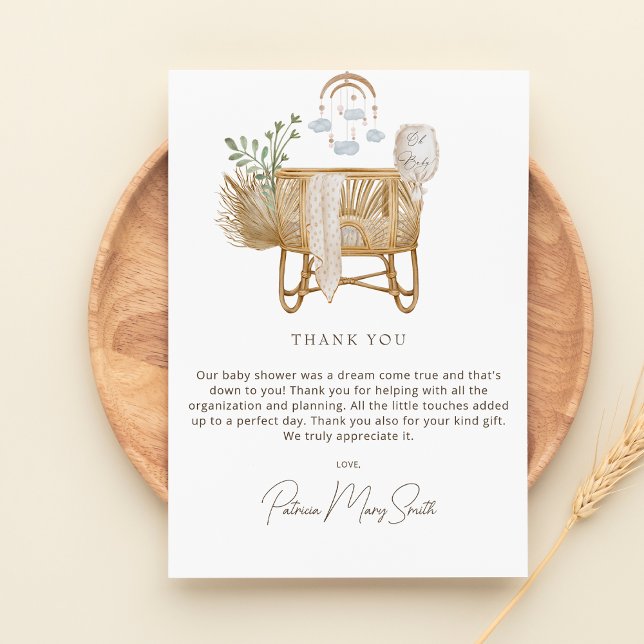 Cartão De Agradecimento Elegante Rustic Boho Baby Cot Chá de fraldas (Rustic Boho Baby Shower Thank You Card)