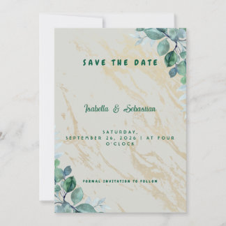 Cartão De Agradecimento Elegante Salve o Dia de Mármore Dourado Verde Sage
