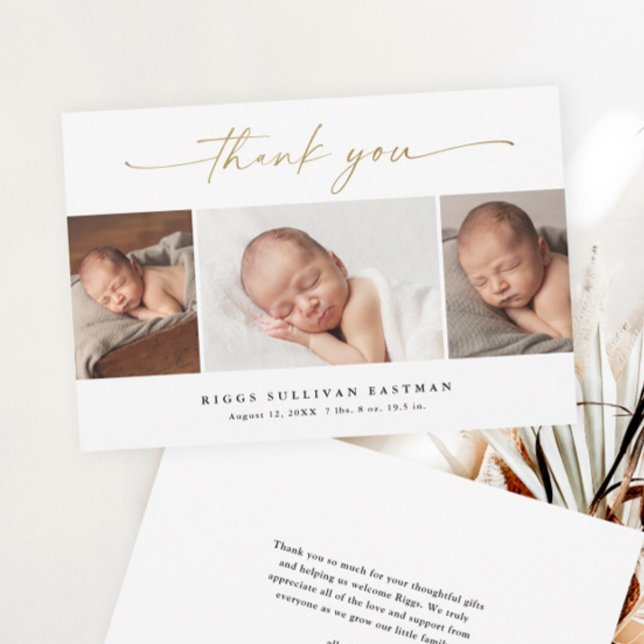 Cartão De Agradecimento Elegante Script 3 Photo Collage Baby (Elegant gold script calligraphy 3 photo collage baby thank you card.)