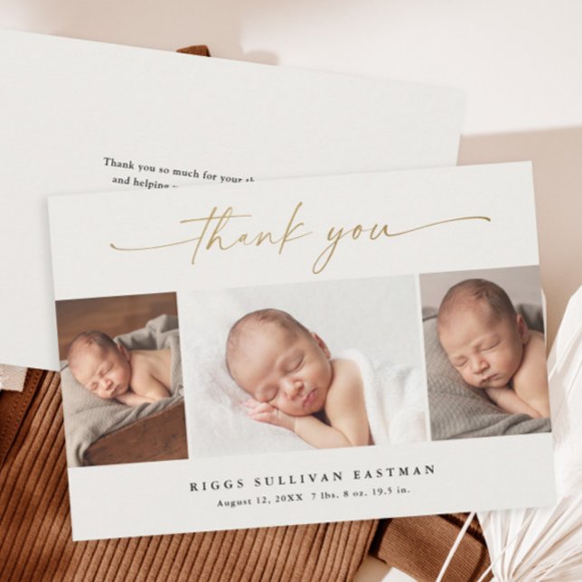 Cartão De Agradecimento Elegante Script 3 Photo Collage Baby (Elegant gold script calligraphy 3 photo collage baby thank you card.)