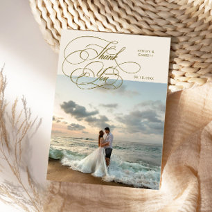 Cartão De Agradecimento Elegante Script Casamento Foto Creme