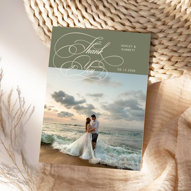 Cartão De Agradecimento Elegante Script Casamento Foto Verde Sage (Criador carregado)
