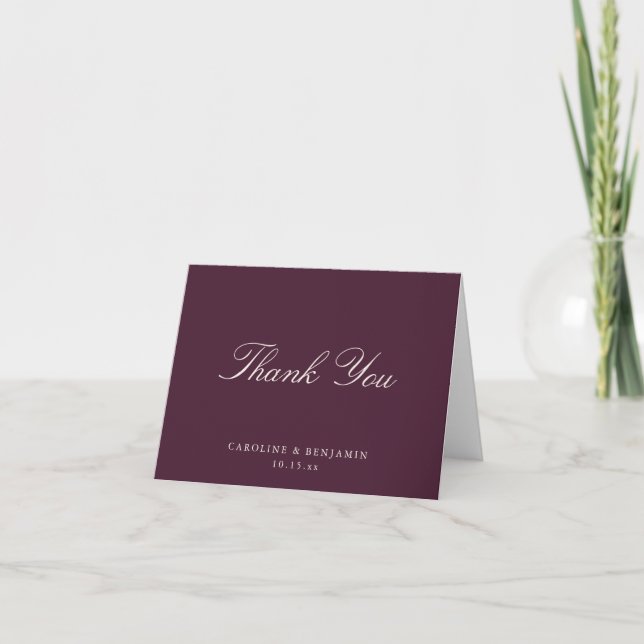 Cartão De Agradecimento Elegante Script Clássico Casamento Dobra Roxo Escu (Frente)