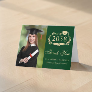 Cartão De Agradecimento Elegante Script de Ouro Foto Verde Graduação