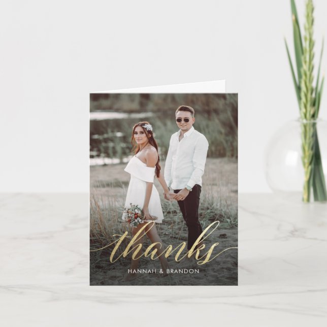 Cartão De Agradecimento Elegante Script de Ouro Obrigado (Frente)