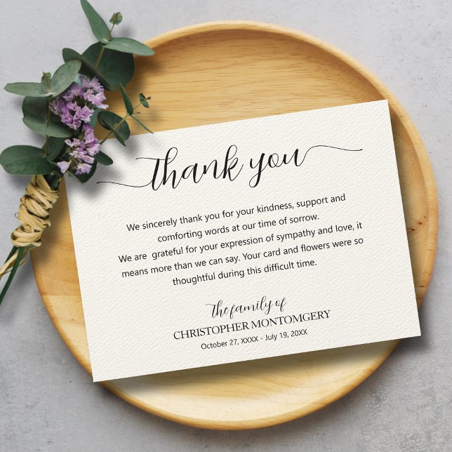 Cartão De Agradecimento Elegante Script Ecru Funeral (Elegant script thank you cards printed on warm ecru paper with an embossed woven texture)
