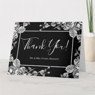Cartão De Agradecimento Elegante Sentimento Fotográfico Floral Preto e Bra