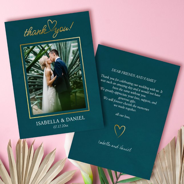 Cartão De Agradecimento Elegante Simples Chic Script Love with Heart Wedin (Elegant Simple Chic Script Love with Heart Teal Wedding Thank You Card)