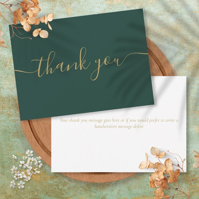 Cartão De Agradecimento Elegante Simples Moderno Script Dourado e Esmerald (Emerald And Gold Simple Modern Elegant Script Thank You Card)