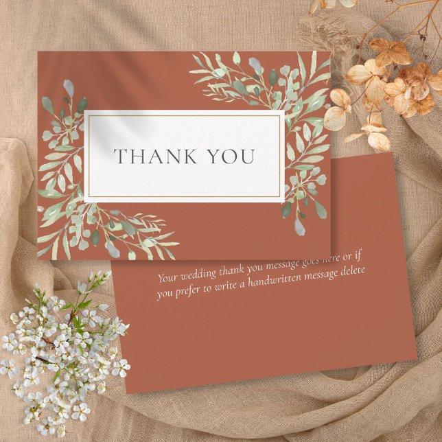 Cartão De Agradecimento Elegante Terracotta Greenery deixa casamento (Elegant Terracotta Greenery Leaves Wedding Thank You Card)