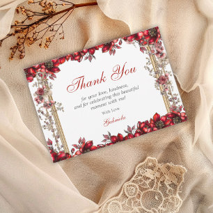 Cartão De Agradecimento Elegante Tiara Floral Vermelha Dourada Quinceañera