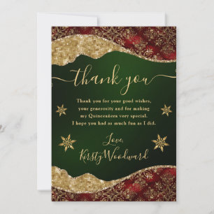 Cartão De Agradecimento Elegante Verde e Dourado Floco de Neve Quinceanera