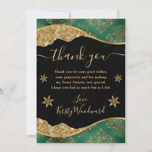 Cartão De Agradecimento Elegante Verde e Dourado Floco de Neve Sweet 16