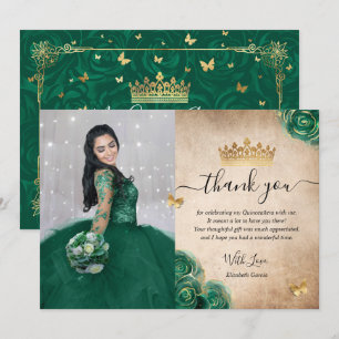 Cartão De Agradecimento Elegante Verde e Dourado Quinceañera Foto Aniversá