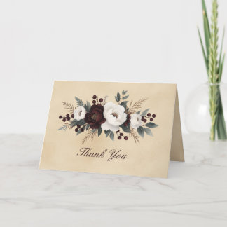 Cartão De Agradecimento Elegante Vermelho Escuro Flores Brancas Floral Scr