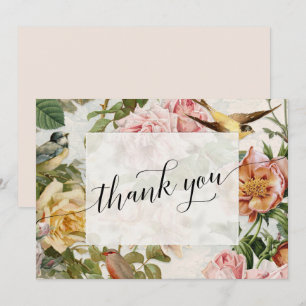 Cartão De Agradecimento Elegante Vintage Flores Rosas Cor-de-Rosa Caligraf