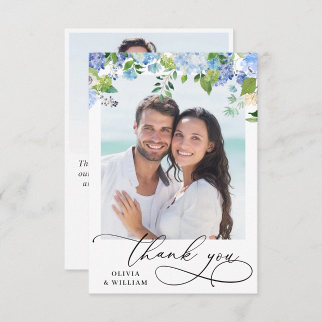 Cartão De Agradecimento Elegante Watercolor Blue Hydrangea 2 Foto (Frente/Verso)