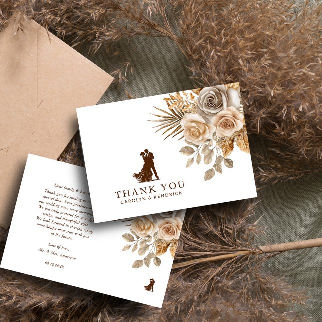Cartão De Agradecimento Elegantes Acentos Florais Neutros Boho Casamento (Criador carregado)