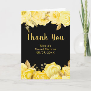 Cartão De Agradecimento Elegantes Flores Amarelas e Douradas Sweet Sixteen