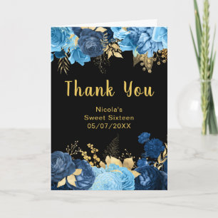 Cartão De Agradecimento Elegantes Flores Azuis e Douradas Sweet Sixteen