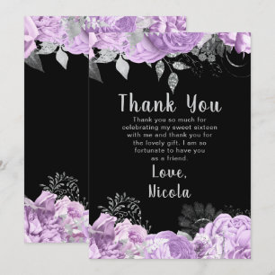 Cartão De Agradecimento Elegantes Flores Lilás e Prata Sweet Sixteen