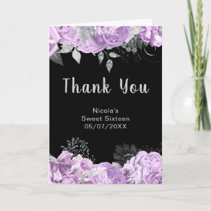 Cartão De Agradecimento Elegantes Flores Lilás e Prata Sweet Sixteen