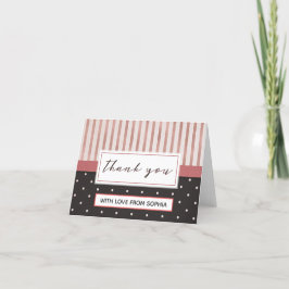 Cartão De Agradecimento Elegantes Listras Rosa e Preto Bolinhas Obrigado