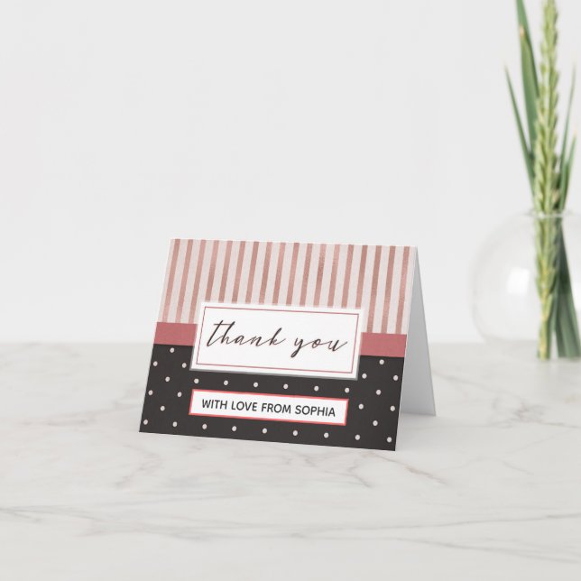 Cartão De Agradecimento Elegantes Listras Rosa e Preto Pontos Obrigada (Frente)
