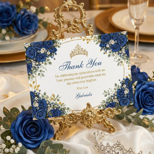 Cartão De Agradecimento Elegantes Rosas Azul Real Douradas Quinceañera