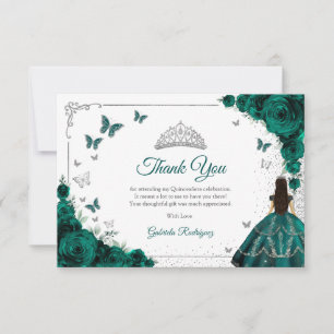 Cartão De Agradecimento Elegantes Rosas Verde Esmeralda Prata Quinceanera