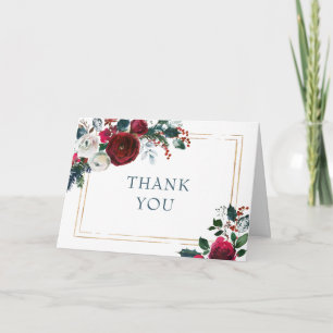 Cartão De Agradecimento Elegantes Rosas Vermelhas de Inverno com Verdura
