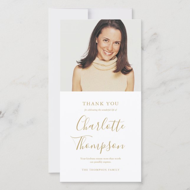 Cartão De Agradecimento Elegia Funeral Memorial Script Dourado Foto (Frente)