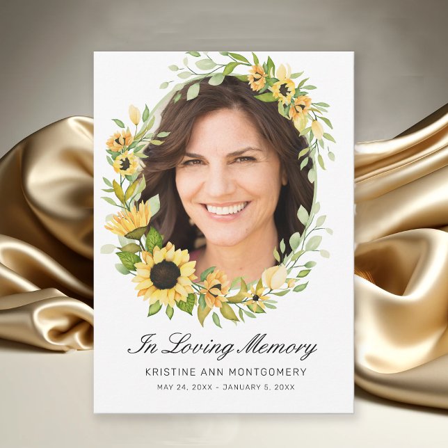 Cartão De Agradecimento em Loving Memory Sunflower Black Script Photo (Modern Yellow Sunflowers Floral Photo Memorial Funeral Thank You Card.)