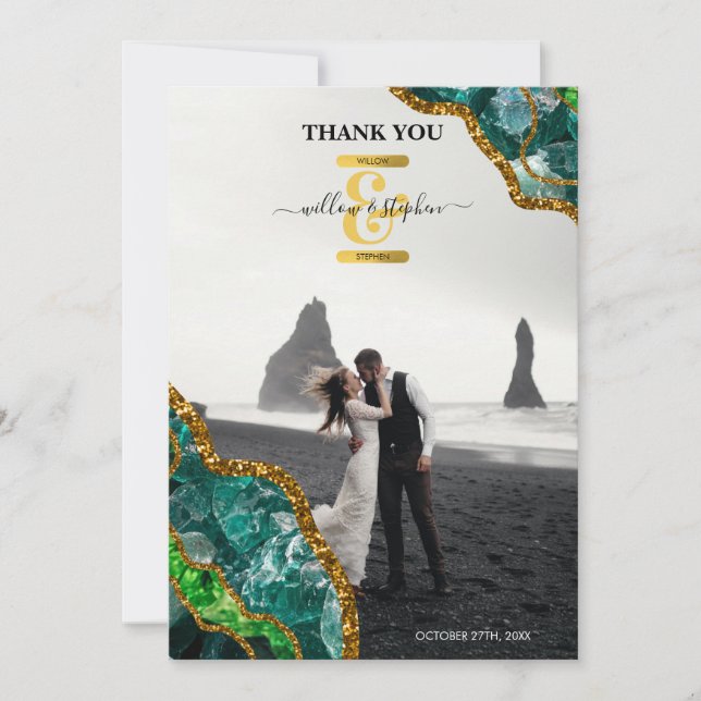 Cartão De Agradecimento Emerald Green & Dourado Agate Geode Glitter Monogr (Frente)