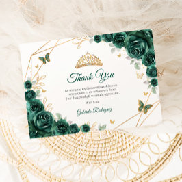 Cartão De Agradecimento Emerald Green Dourado Floral Quinceanera